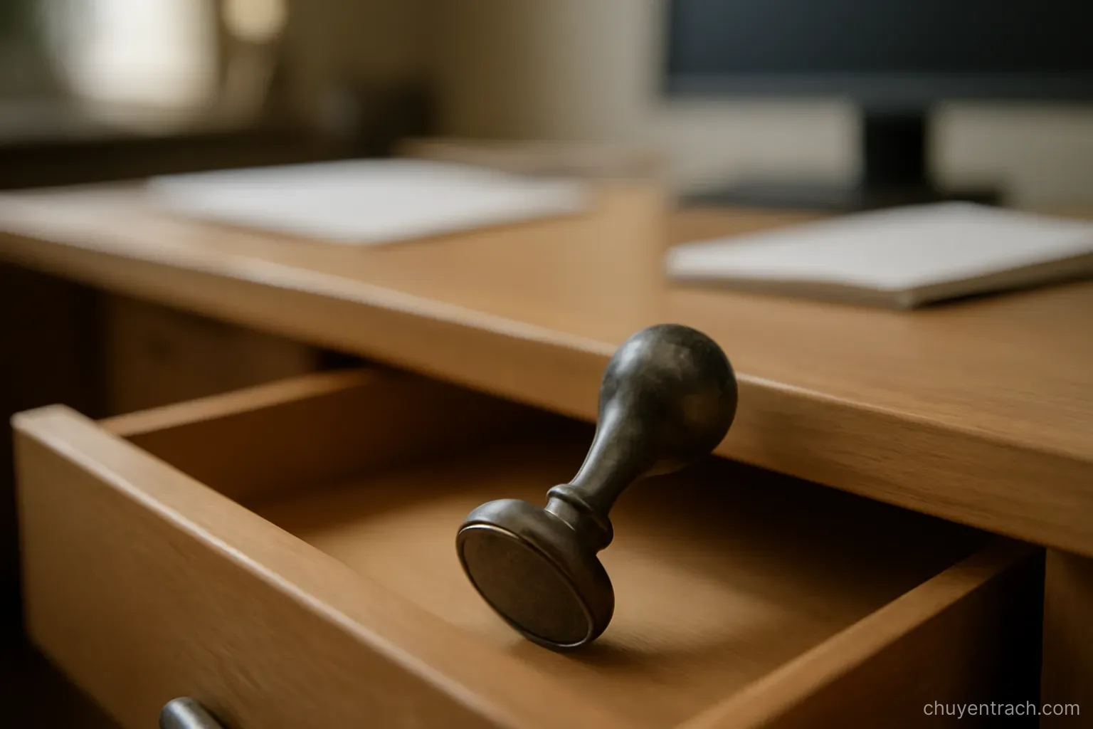 a metal seal resting inside a desk drawer left slightly open in a quiet office