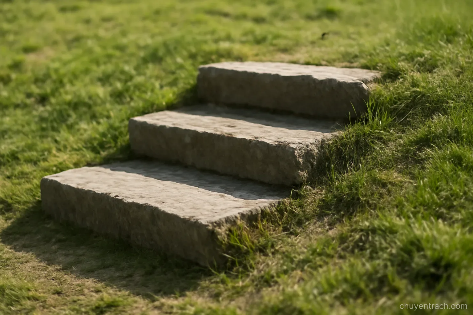 three stone steps of different heights cut into a grassy slope in open daylight