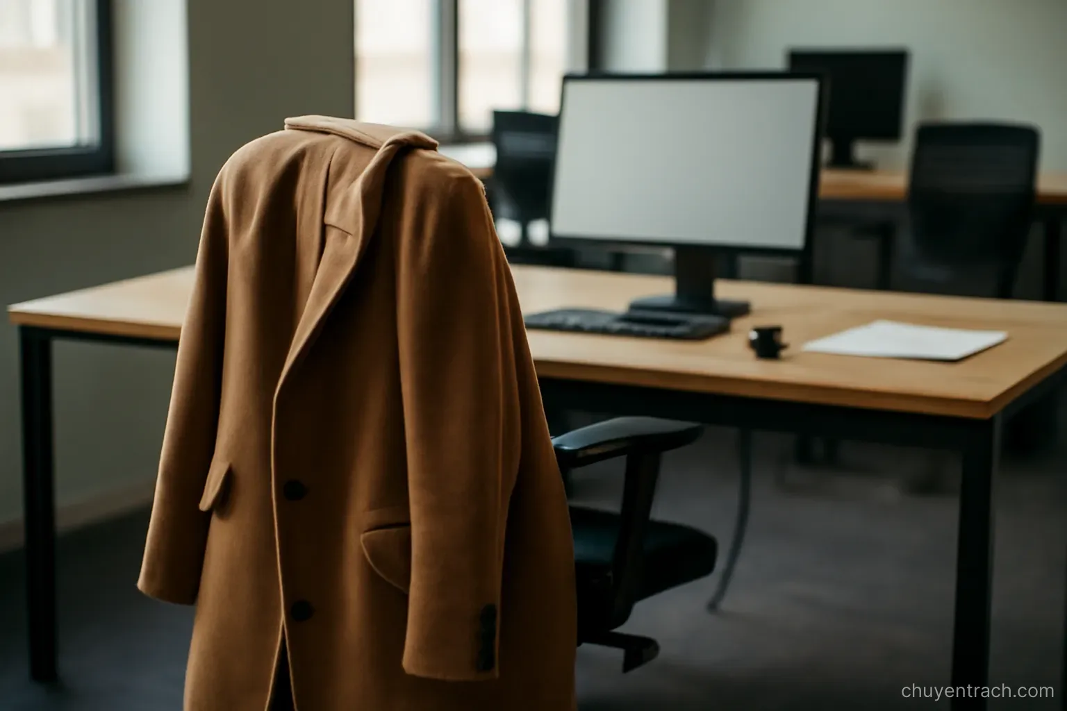 a coat left hanging on a chair in an office at the end of the day