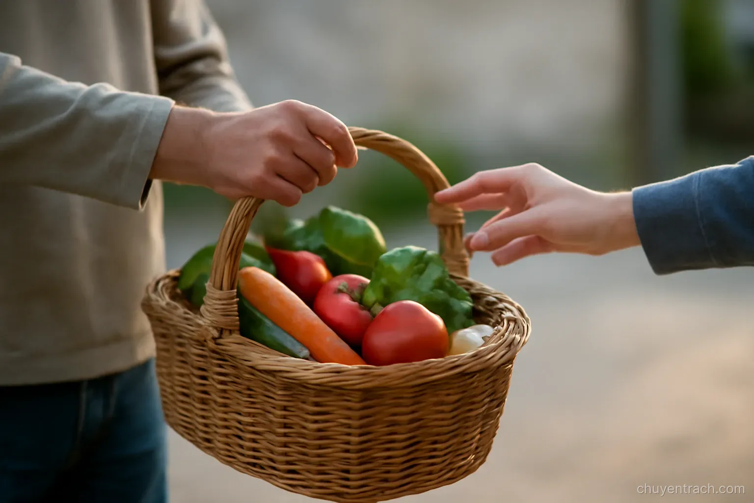 a full basket being set down as another person reaches out for its handle