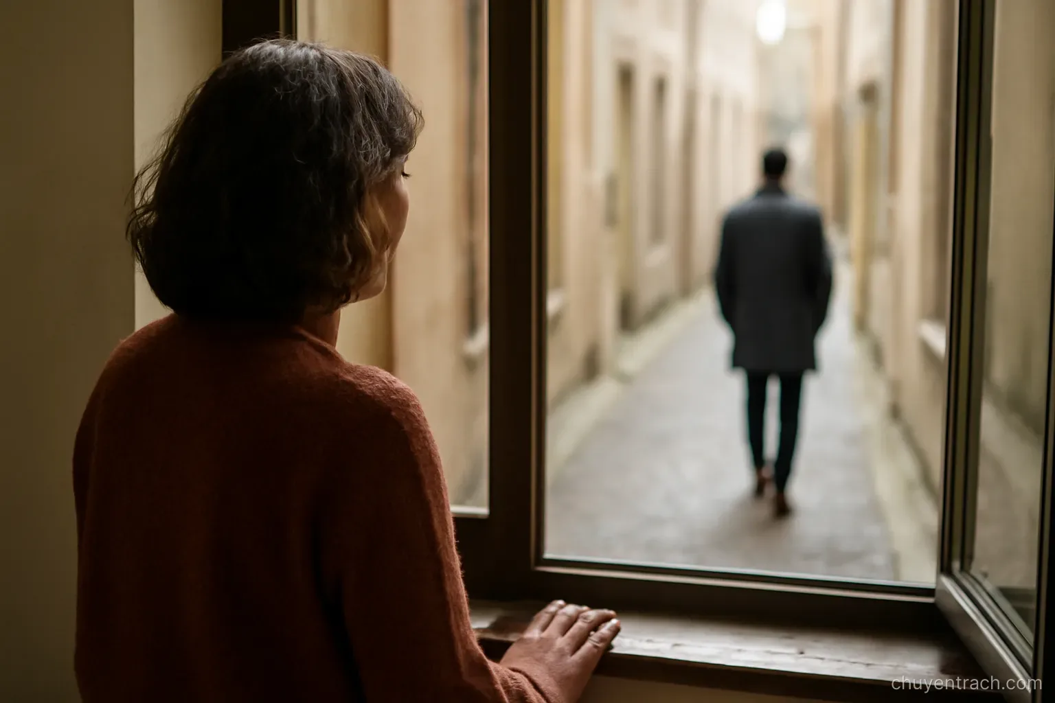 a person standing at a window watching someone walk away down a narrow lane