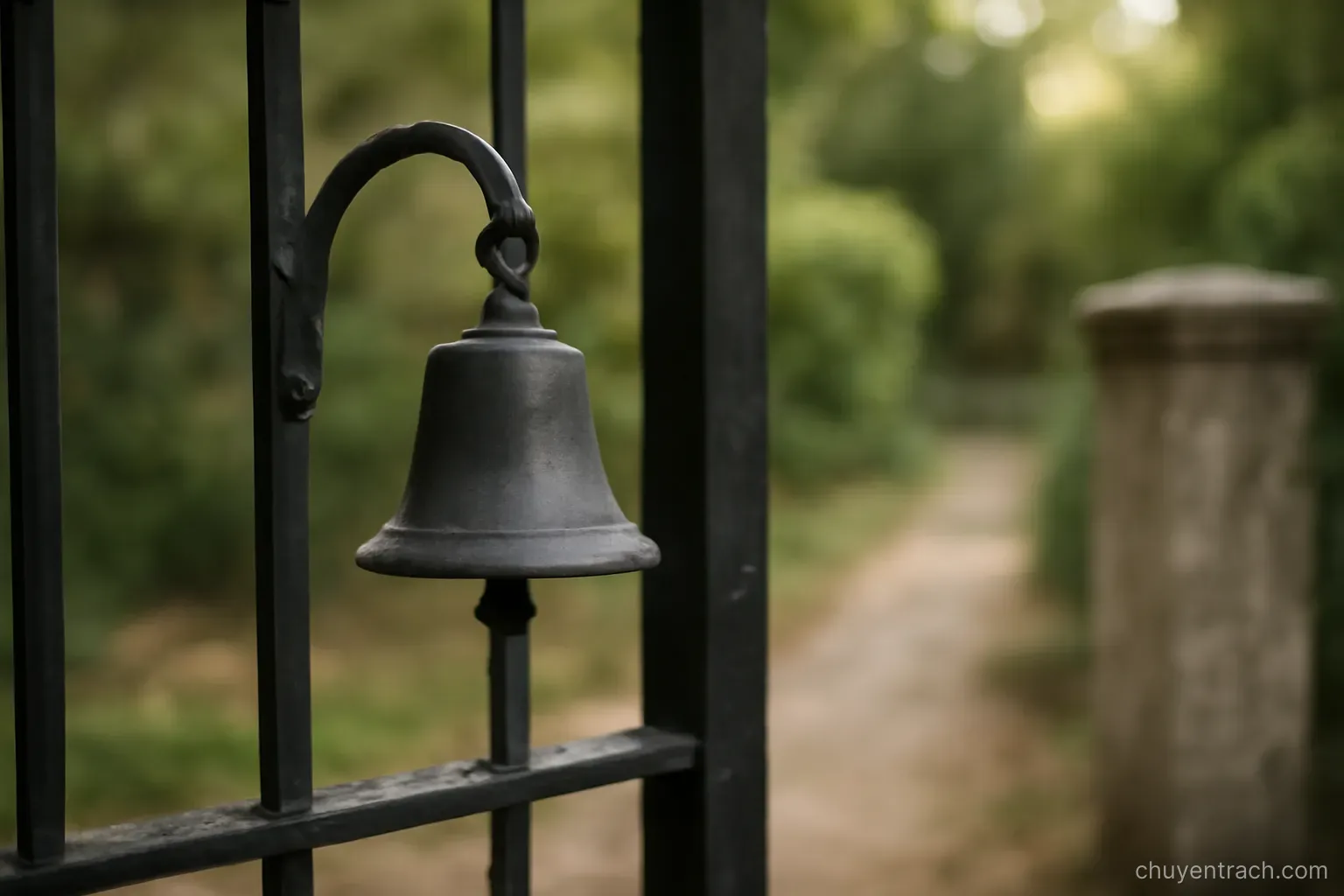 a small bell mounted beside a gate at the entrance of a quiet yard