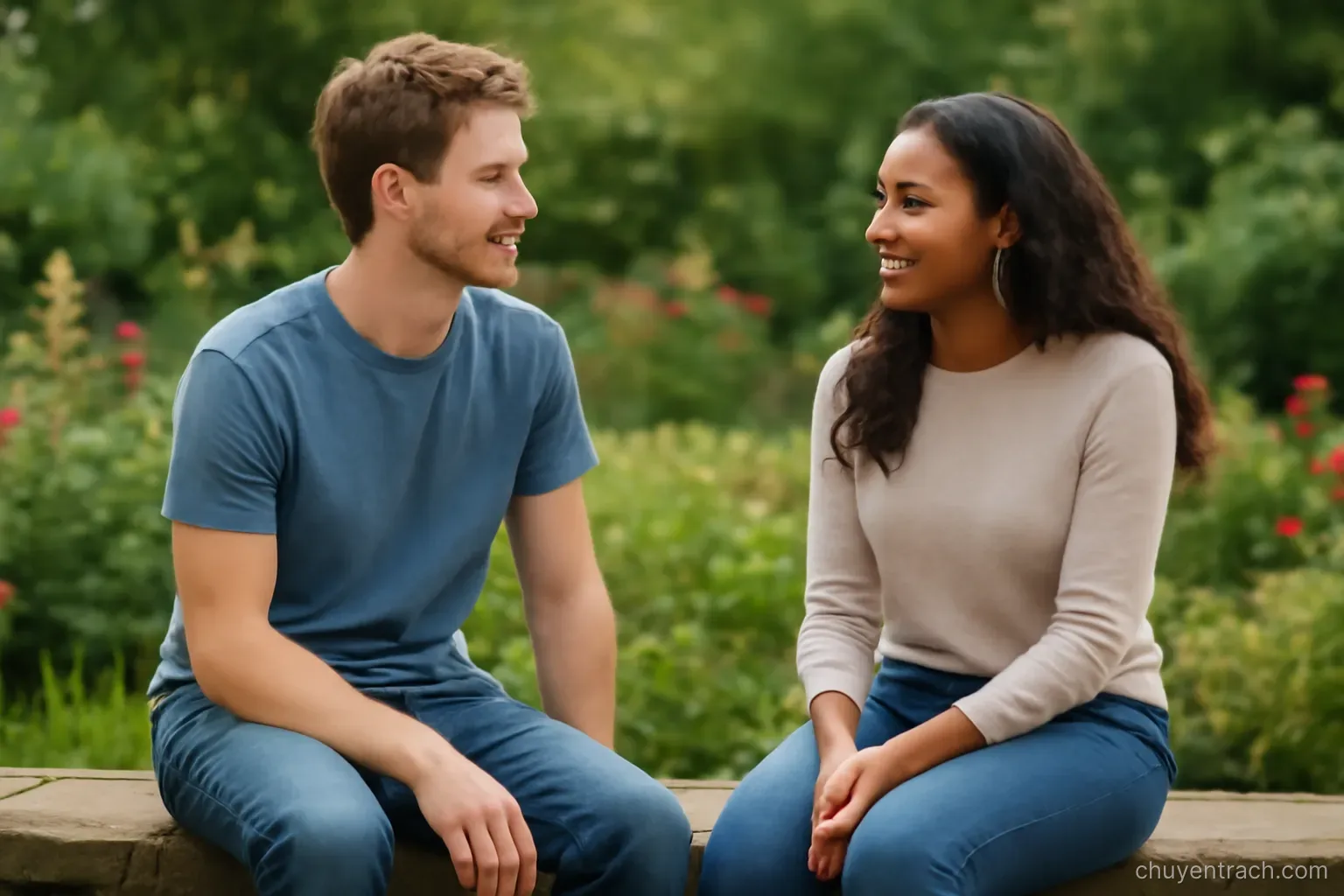 two people sitting on a low stone wall talking with a garden behind them
