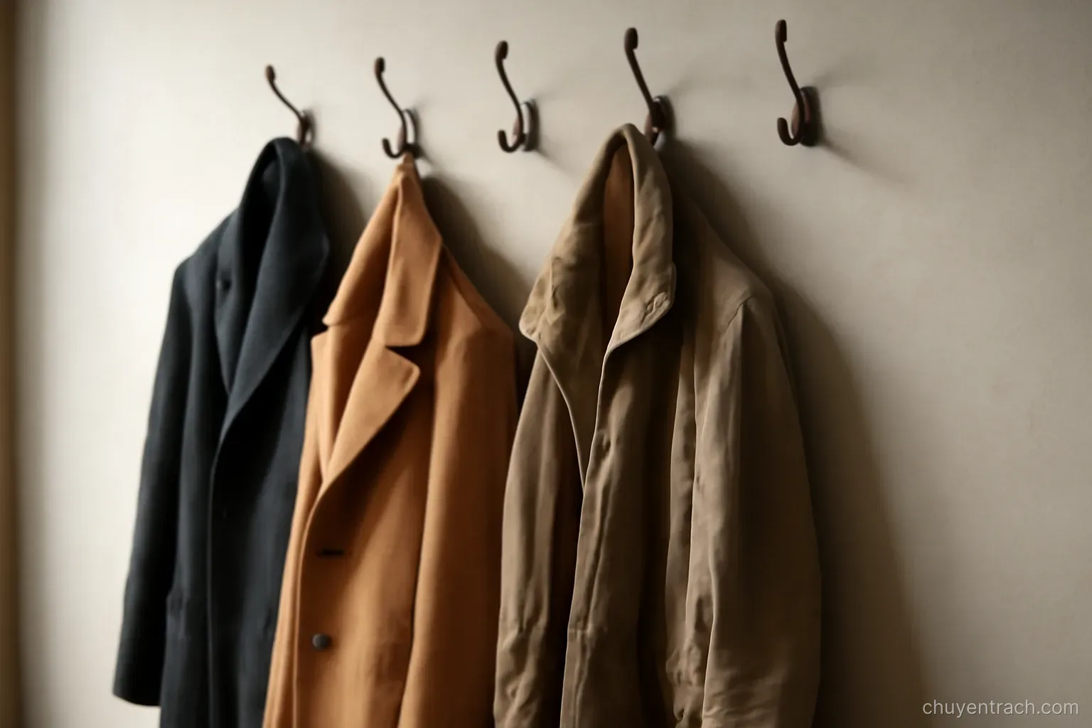 several coats hanging on a row of wall hooks with one hook left empty