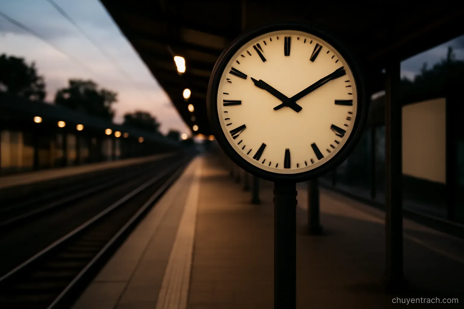 a large clock on a station platform with the platform almost empty at dusk