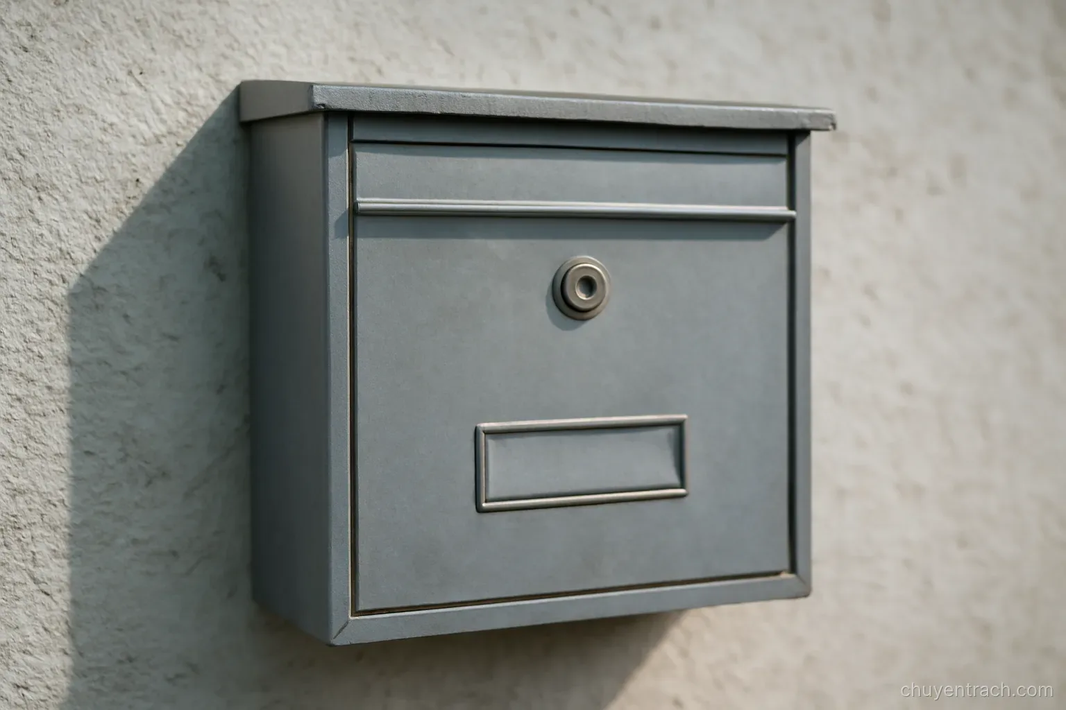 a metal mailbox on a wall with its small nameplate holder left completely empty