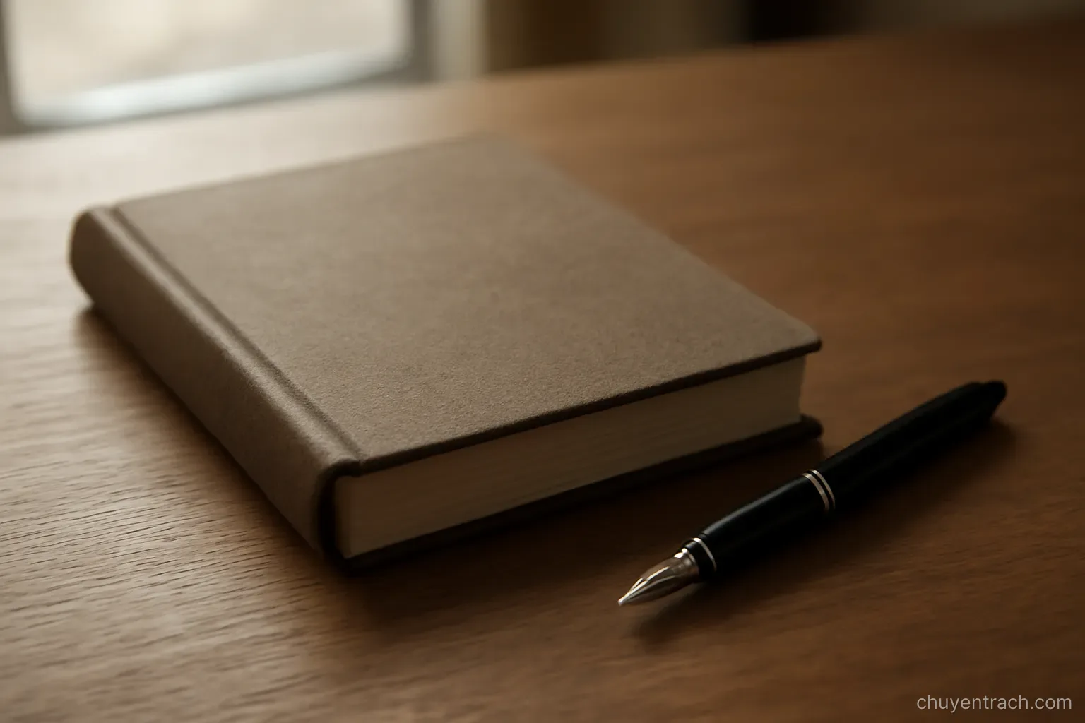 a thick bound notebook lying closed on a desk beside a dark fountain pen