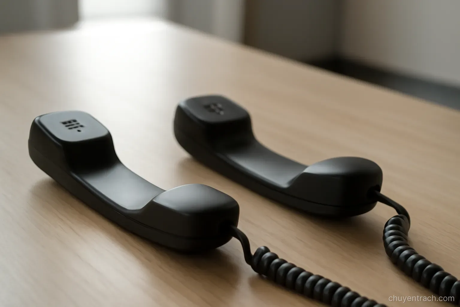two telephone handsets lying next to each other on one wide and empty office desk