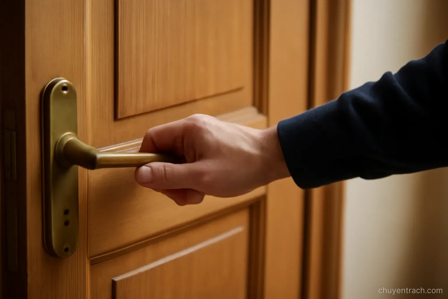 a wooden door being pulled closed with one hand still resting on the handle