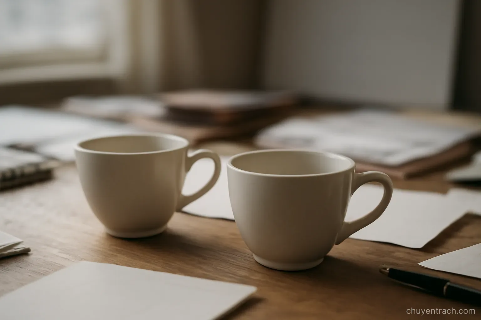 two empty cups set down on a table that has not been cleared yet