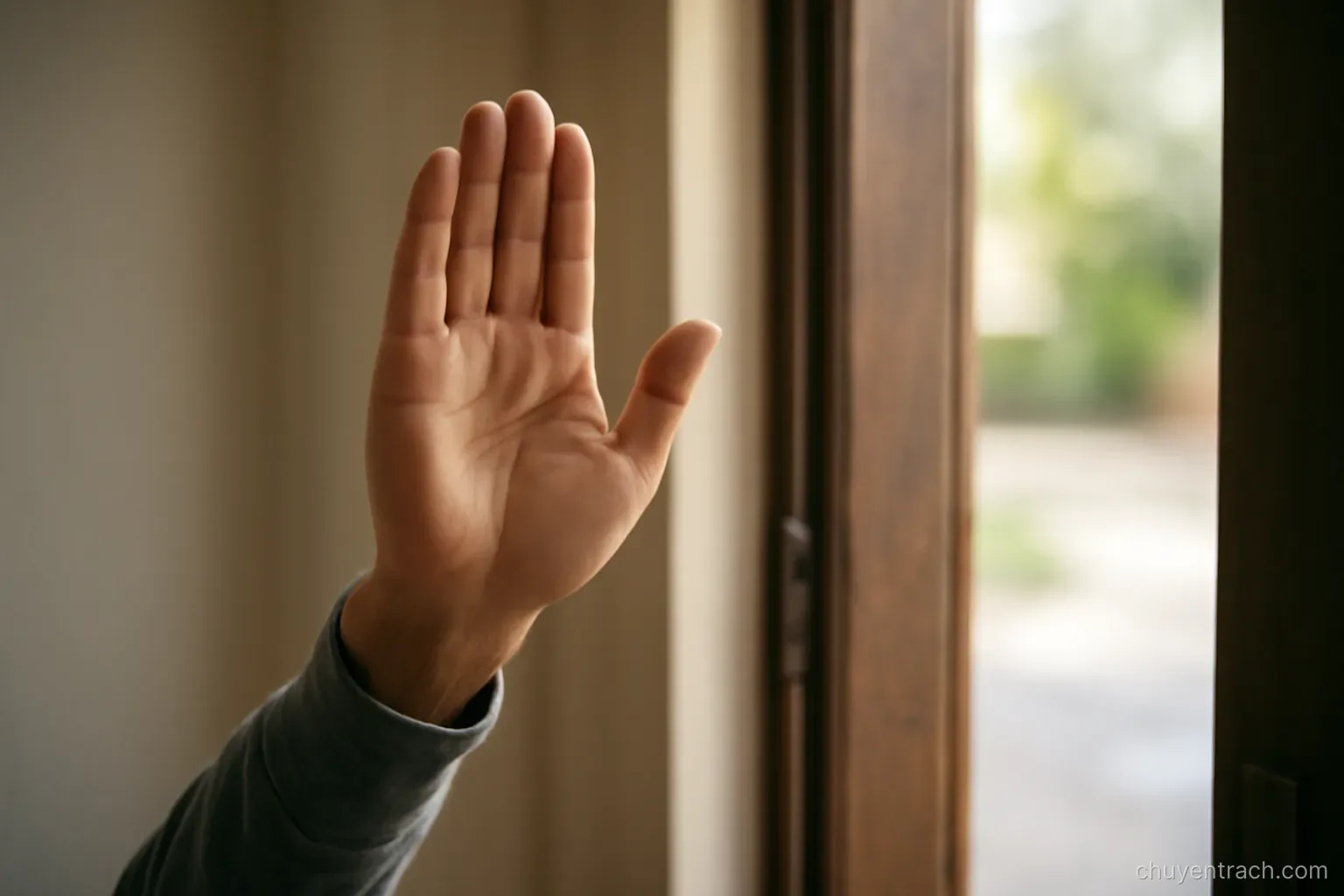 an open hand raised slightly in a gesture of pausing at an open doorway