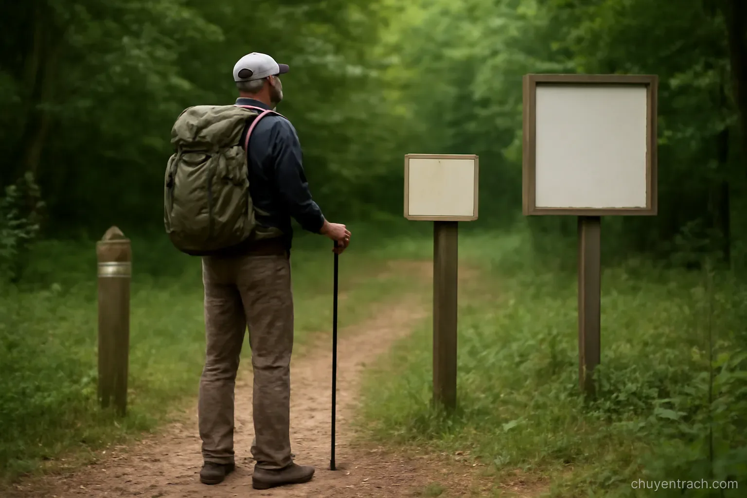 a walker stopping at the end of a marked trail where the path ends