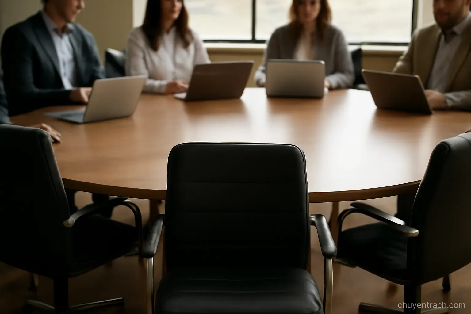 one empty seat among several occupied seats placed evenly around a large round table