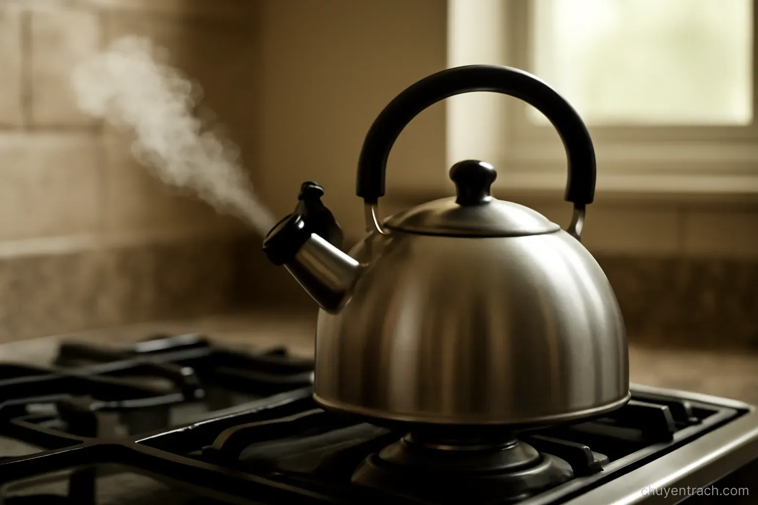 a kettle on a stove top with steam just beginning to rise from its spout