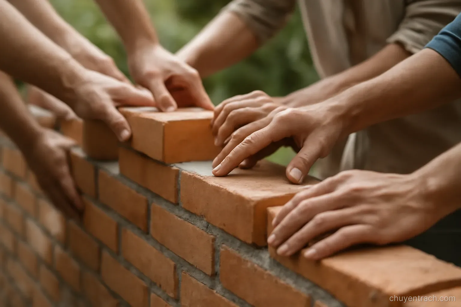 many hands stacking bricks together along one long section of a low garden wall