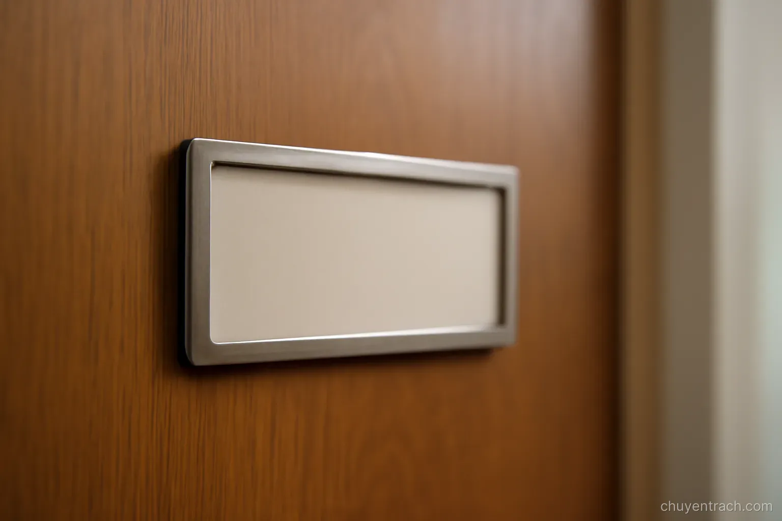 a small doorplate holder on an office door with no plate slotted into it