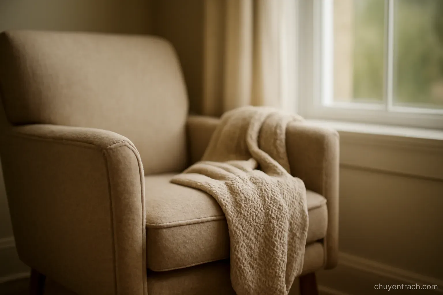 an armchair by a window with a folded blanket laid over one of its arms