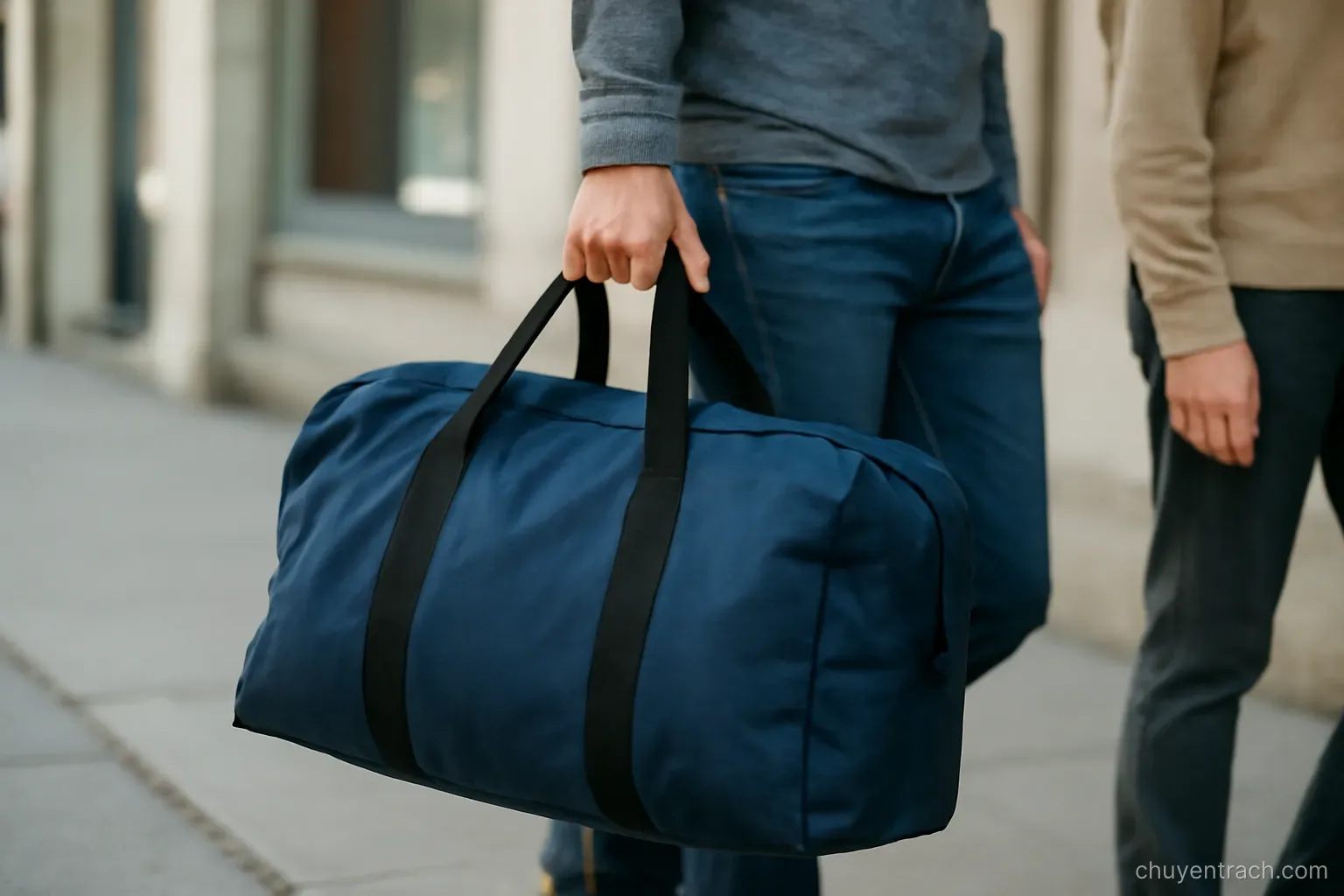 a person carrying a heavy bag that belongs to someone else walking beside them