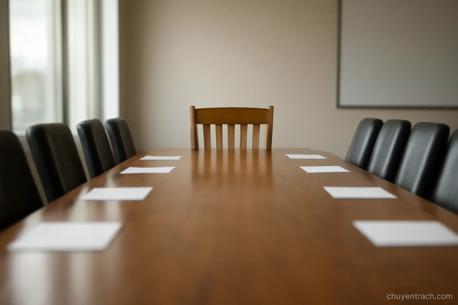 a single wooden chair placed at the head of a long and empty meeting table