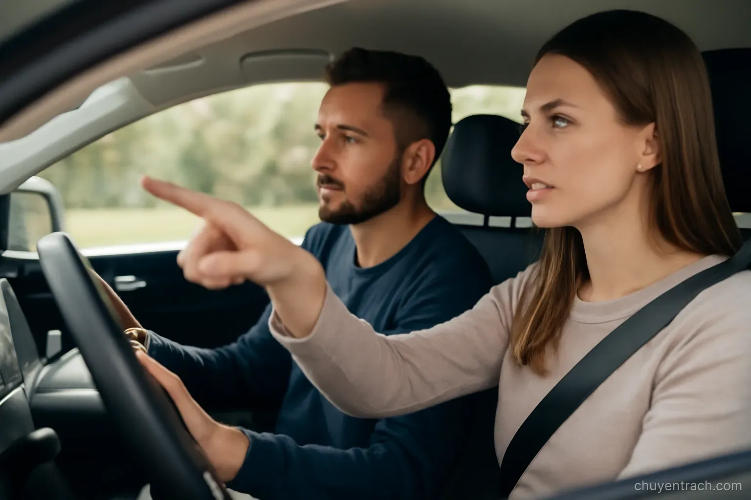 a driver seated at a steering wheel while a passenger beside them points ahead