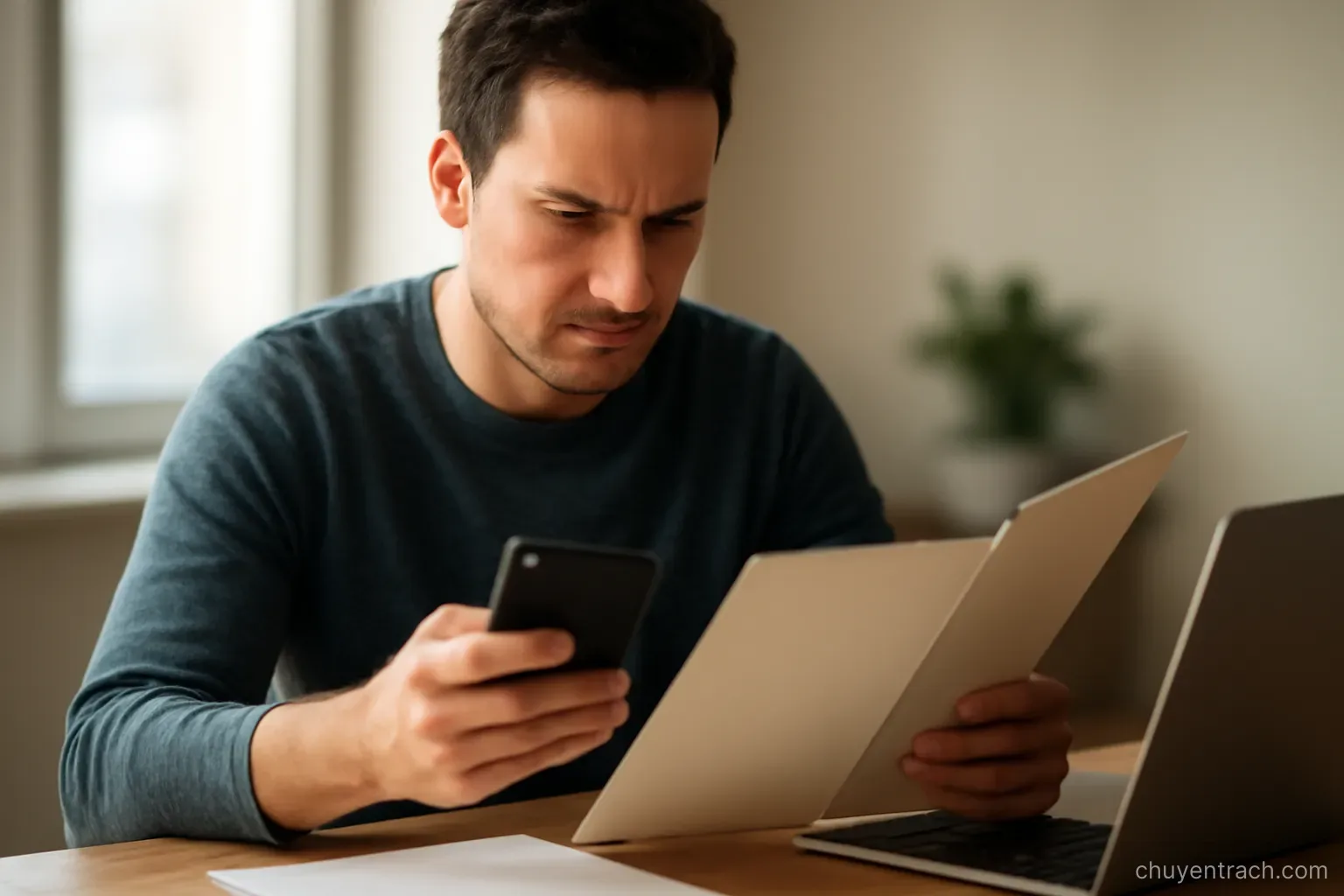 a person at a desk holding a phone while looking through an open folder