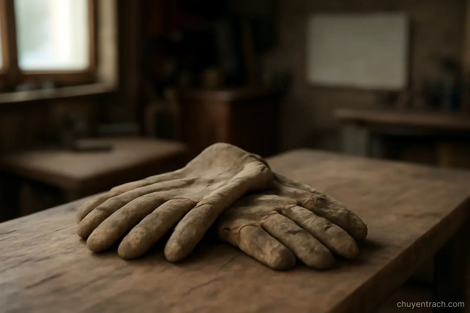 a pair of worn work gloves left on a bench inside a quiet workshop