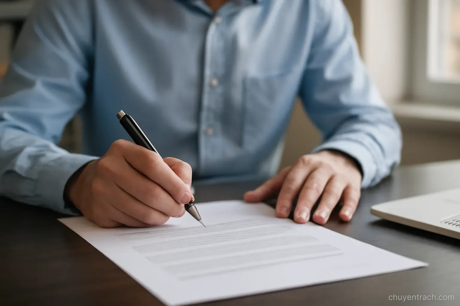 a person pausing with a pen held above a document before signing at a desk