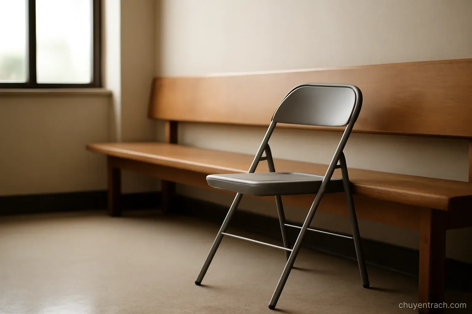 a folding chair set up next to a fixed wooden bench in a hall