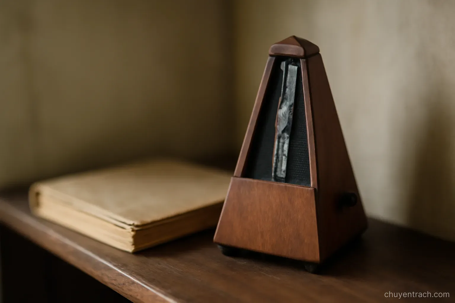 a wooden metronome standing upright on a shelf beside a closed and worn music book
