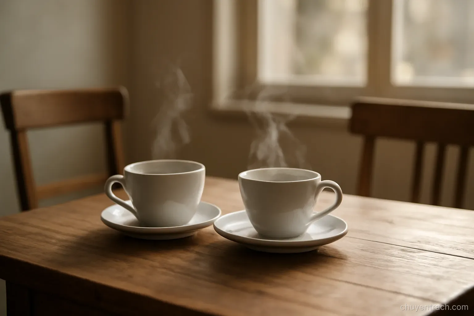 steam rising from two cups on a wooden table set between two empty chairs