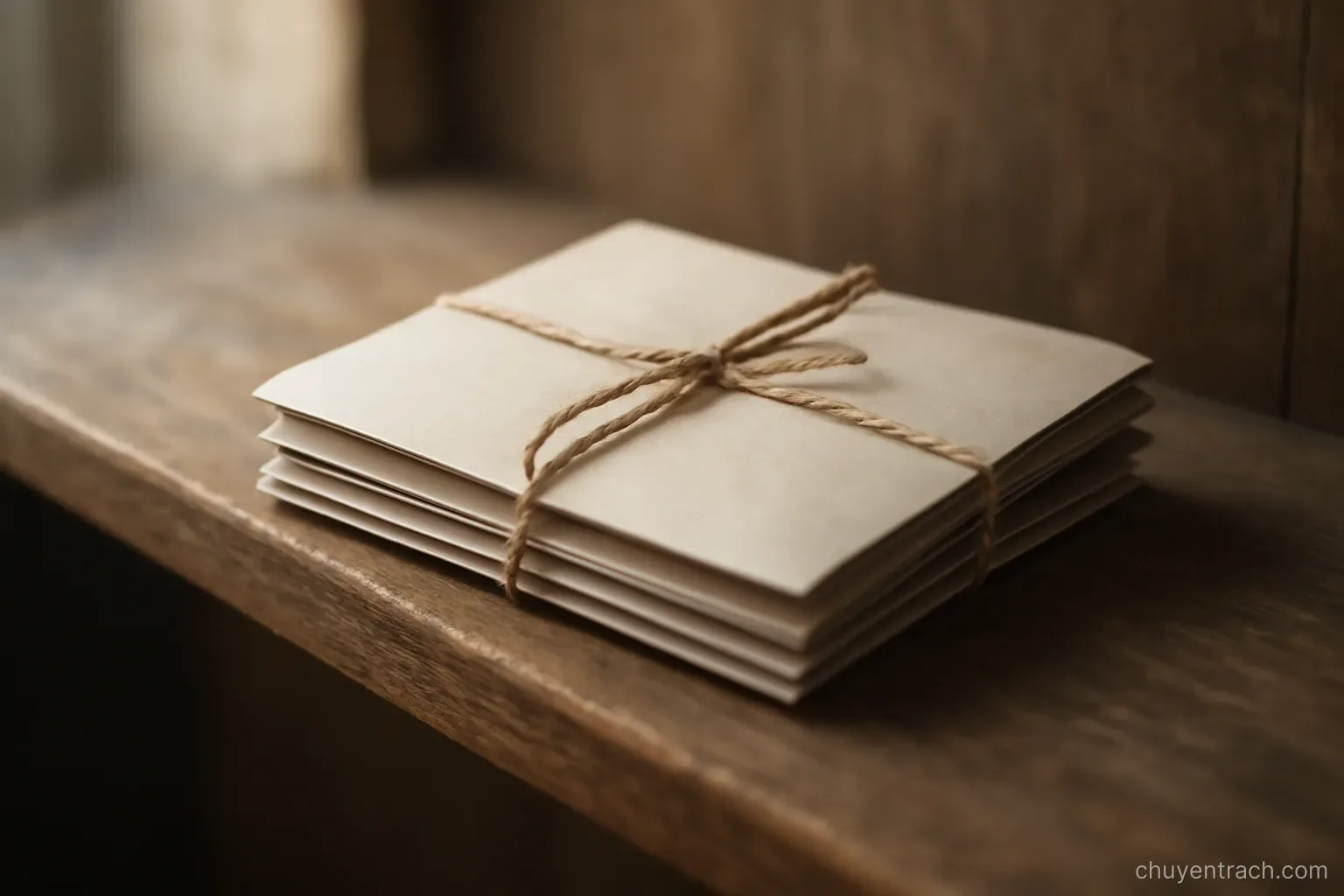 a stack of sealed envelopes tied together with string resting on a wooden shelf
