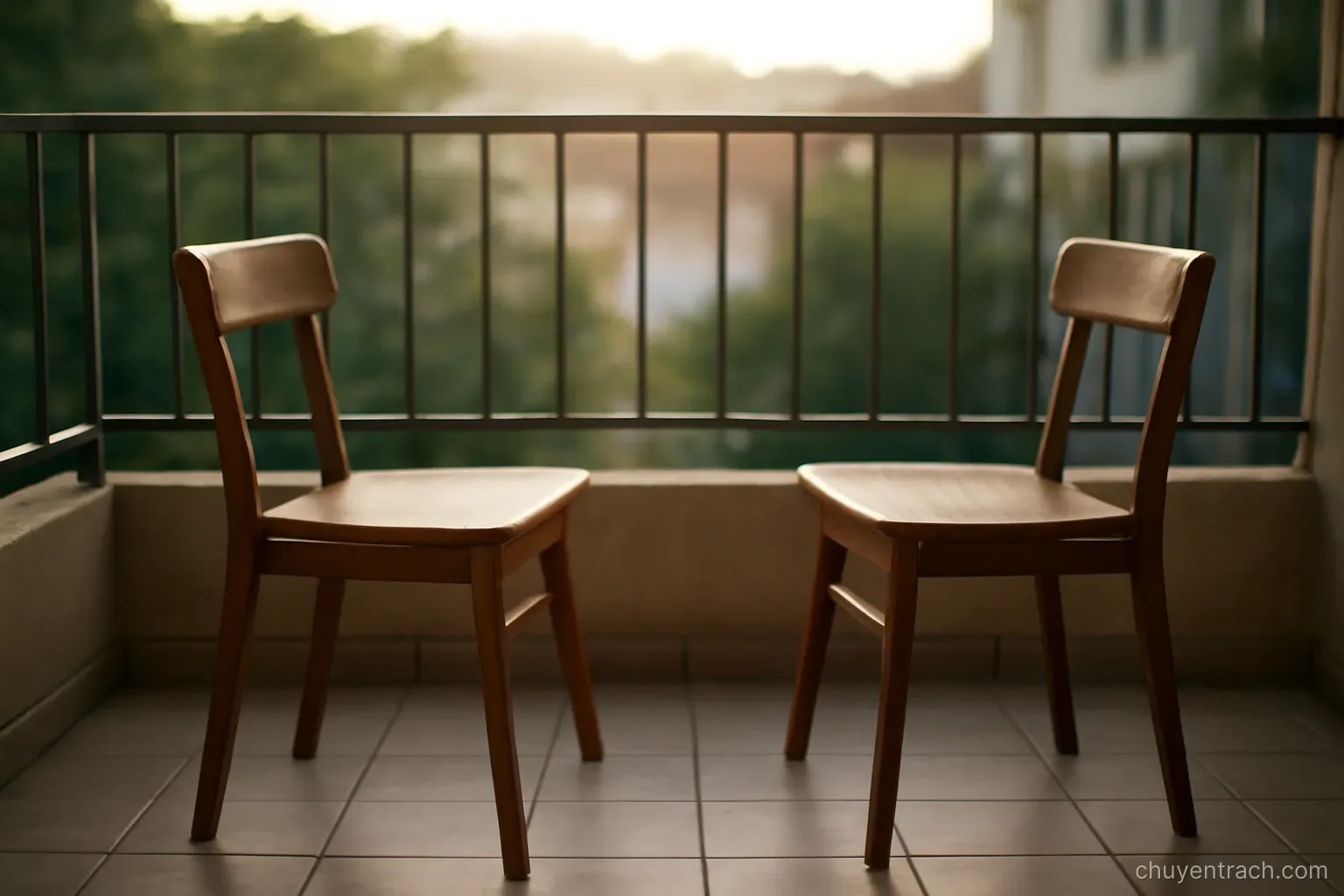 two chairs turned towards each other on a quiet balcony in early morning light