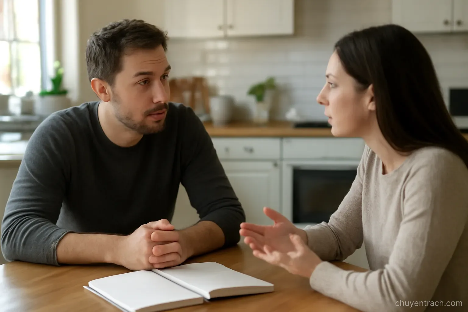 two people talking across a kitchen table with an open notebook lying between them