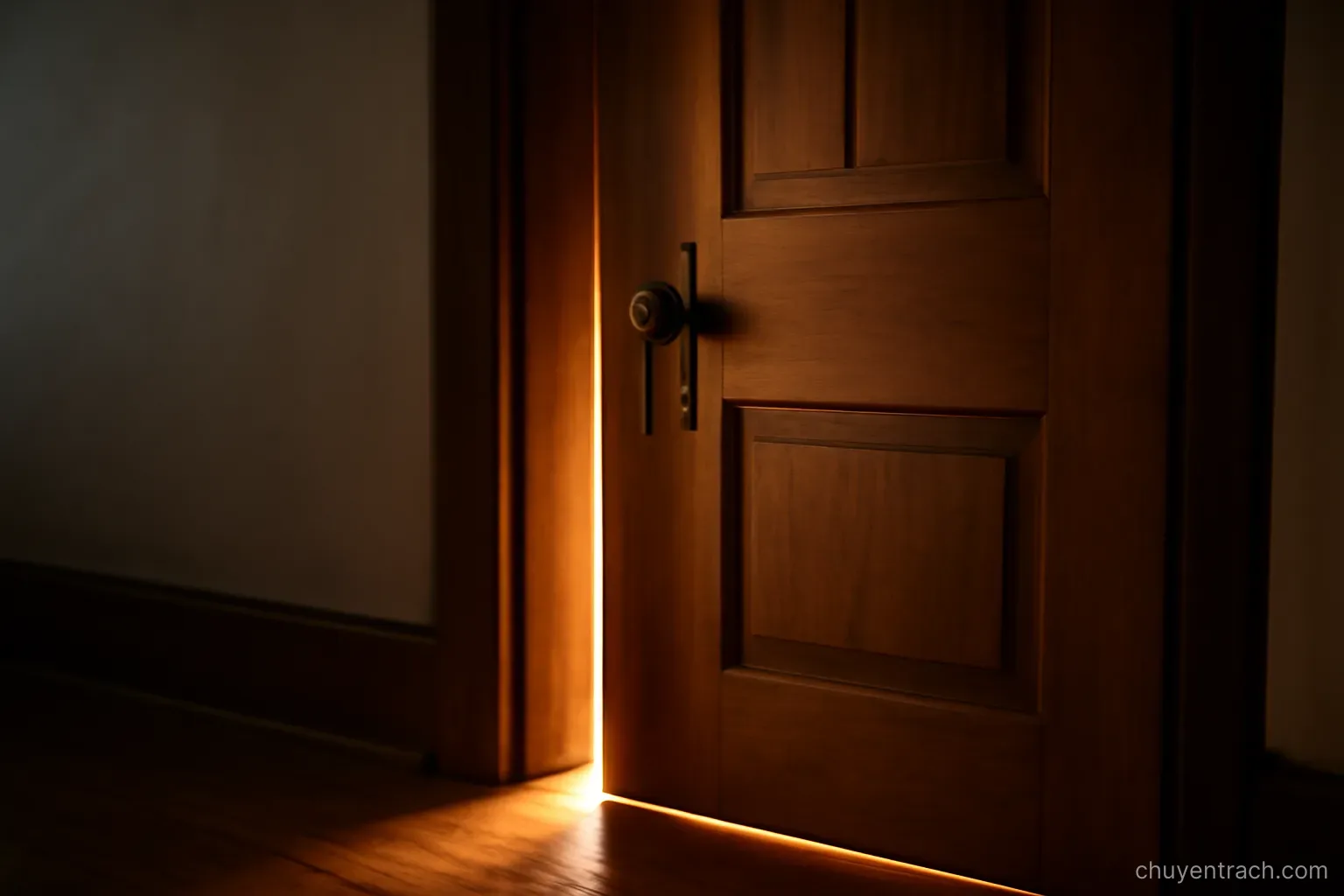 a wooden door left slightly ajar with warm light coming through the narrow gap