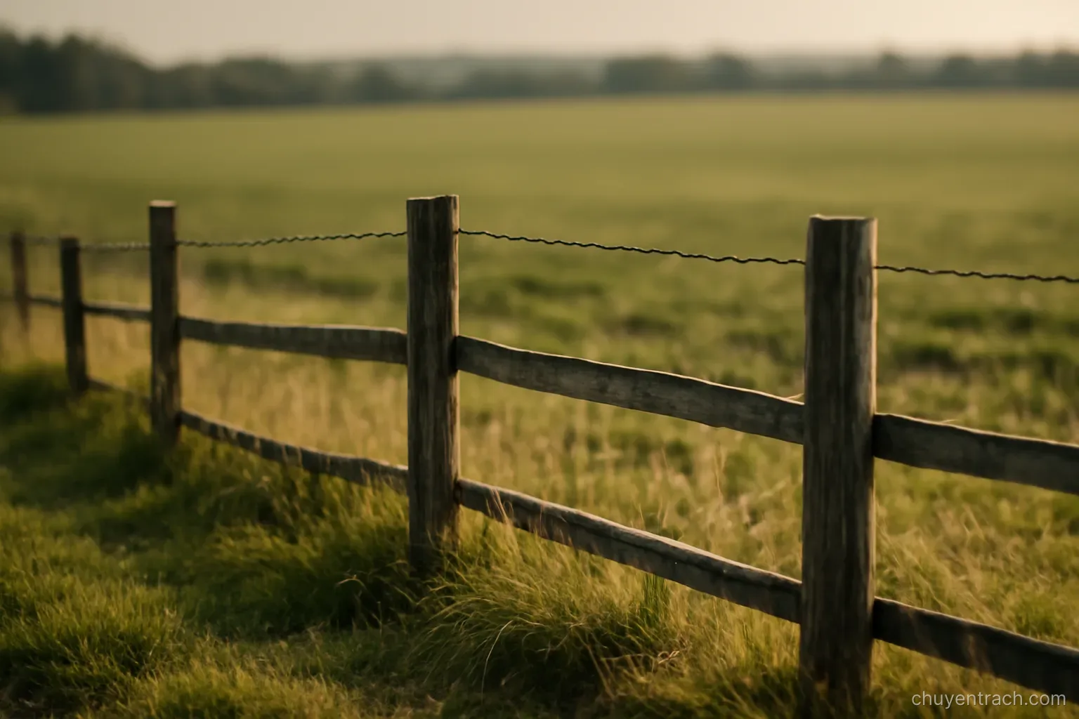 a low fence marking the edge of a field with open land stretching beyond it