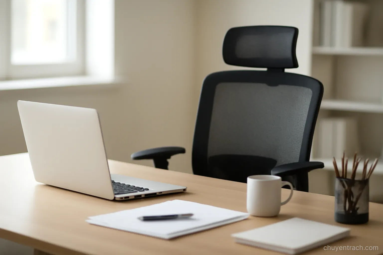an empty office chair behind a desk that is otherwise fully set up for work