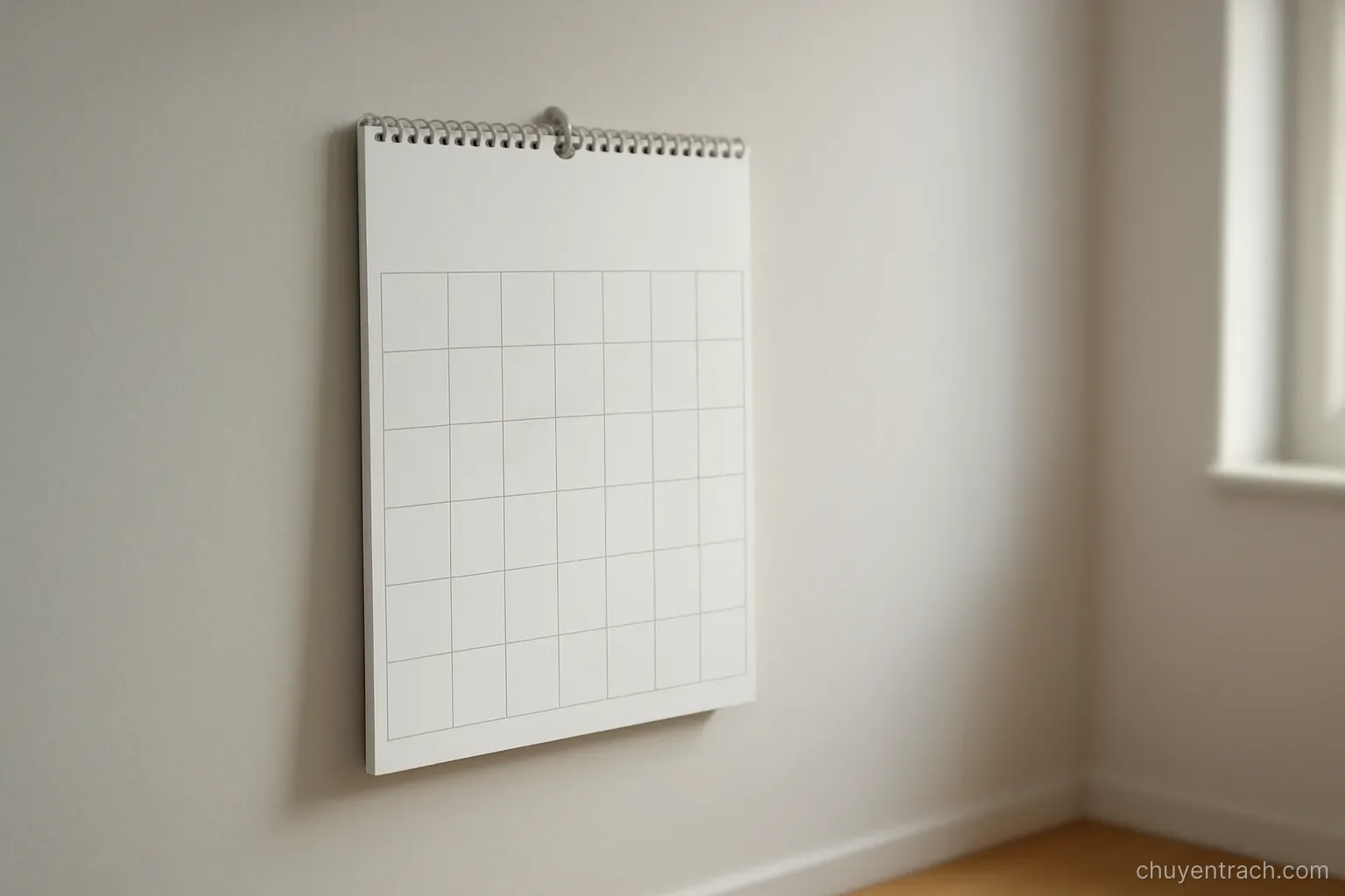 a wall calendar turned to a new page hanging in an otherwise bare room