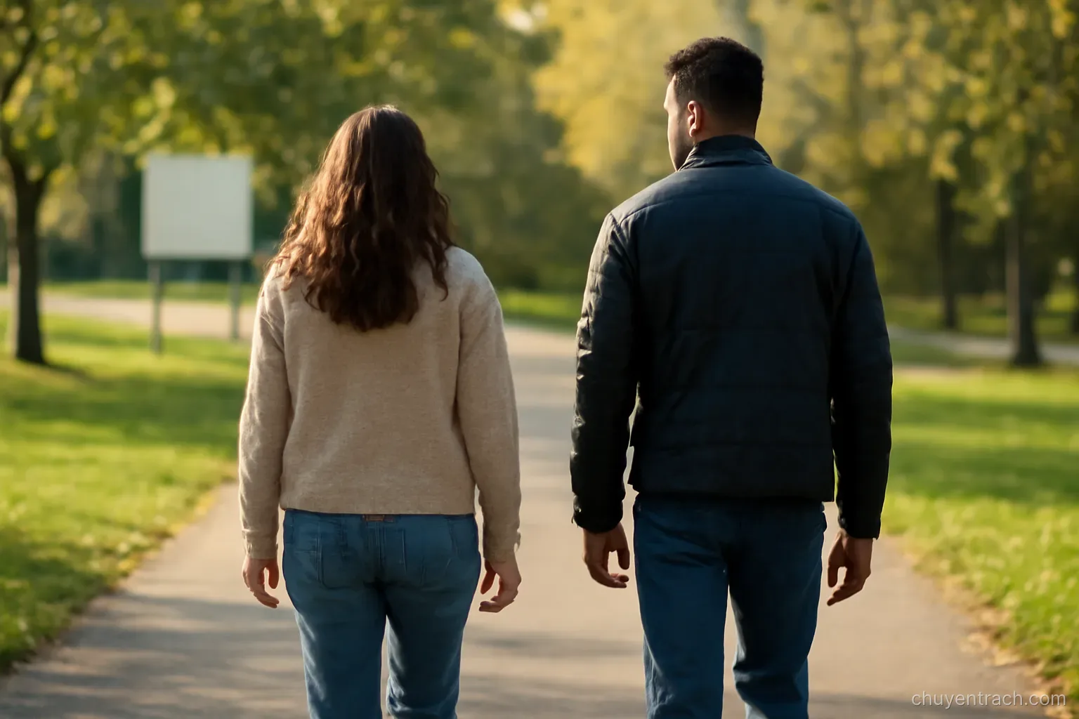 two people walking along the same path side by side for a short stretch
