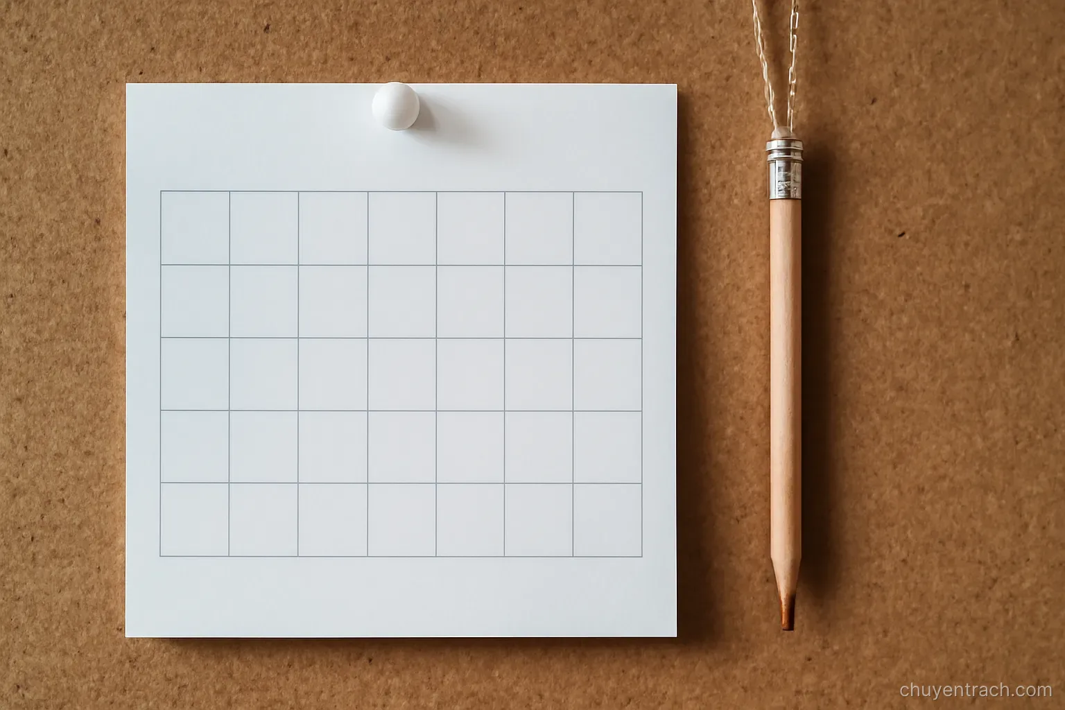 a blank calendar page pinned to a board with a pencil hanging beside it on a string