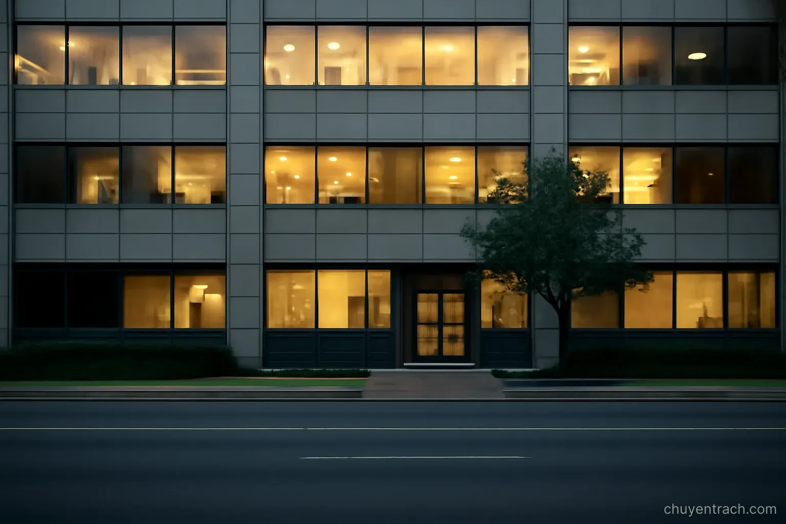 an office building seen from across a street with lights on in several windows