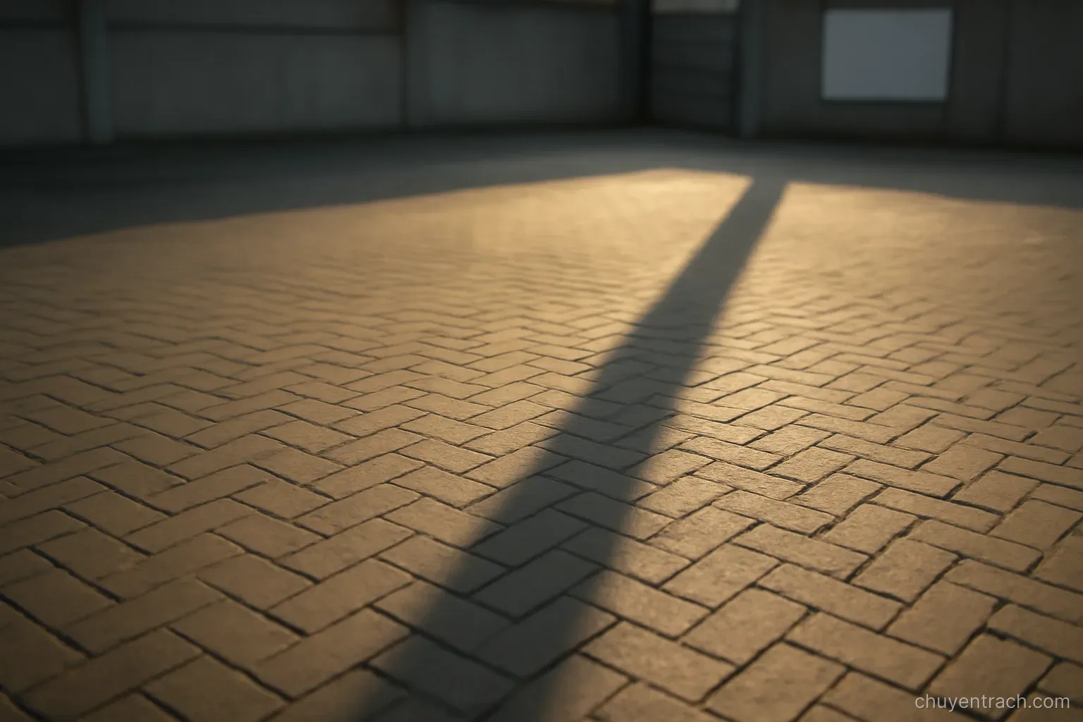 a long shadow cast across an empty paved yard late in the afternoon light