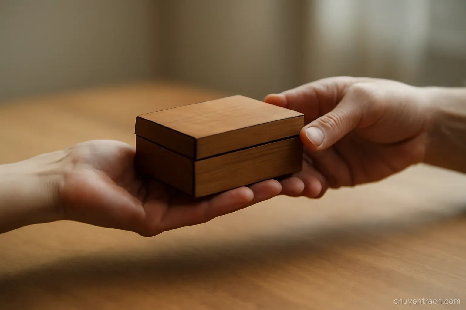 two hands passing a small closed wooden box between them above a bare table