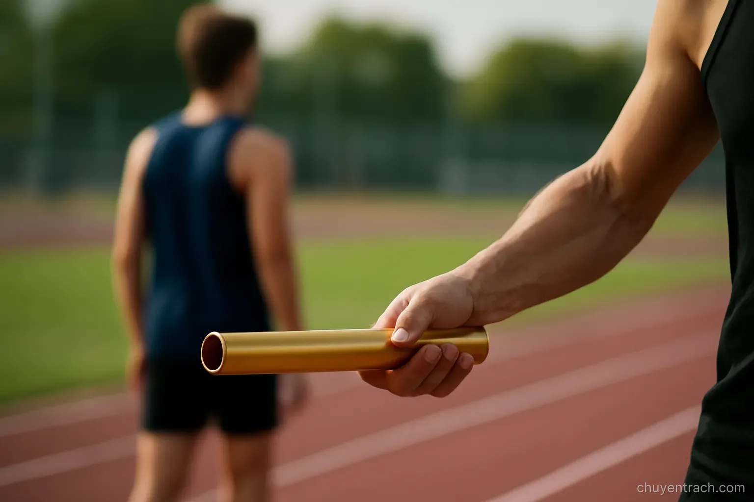 a relay baton held out by one runner while another stands waiting just ahead