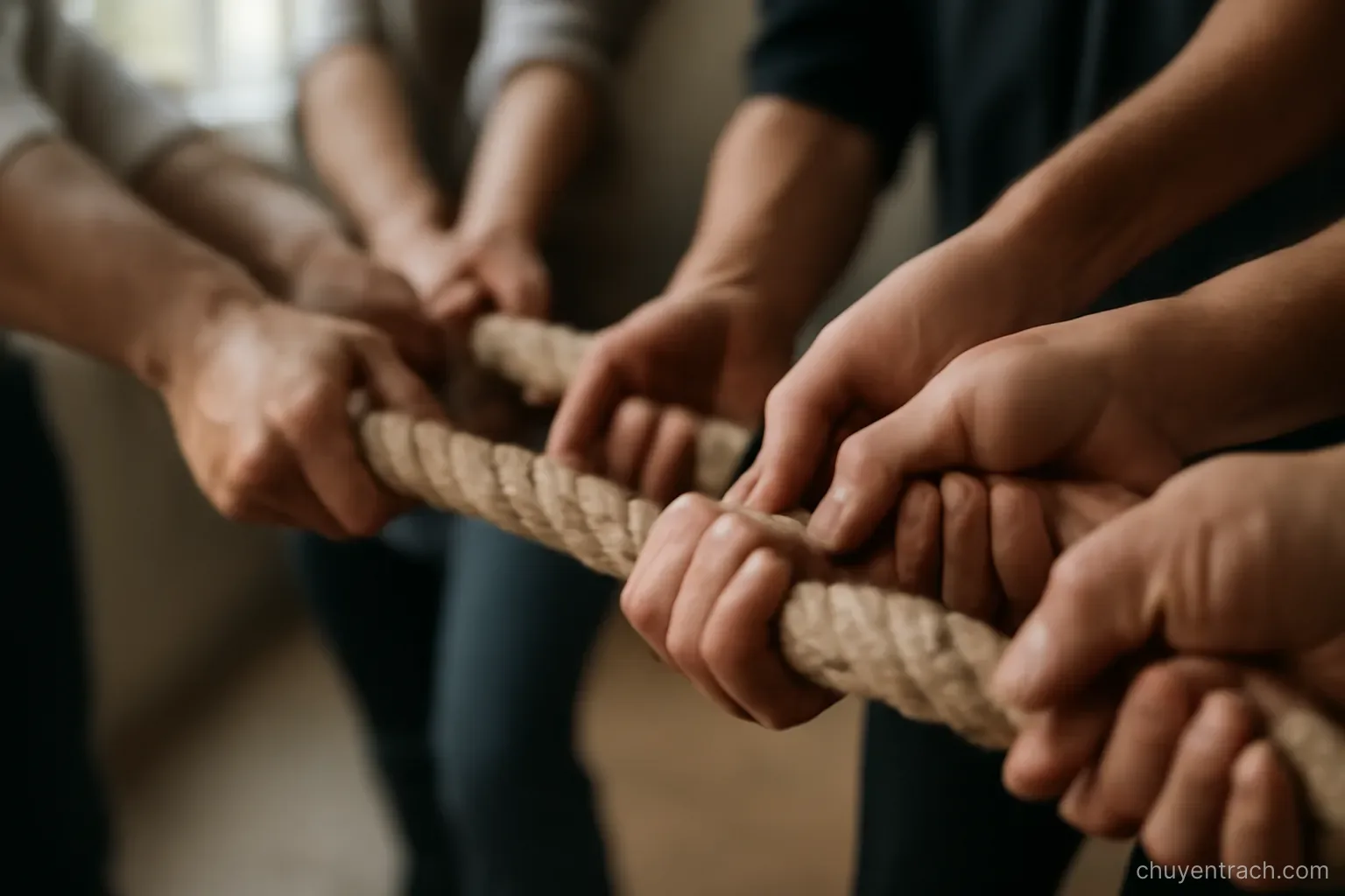 a thick rope being pulled from several different directions at once by many hands